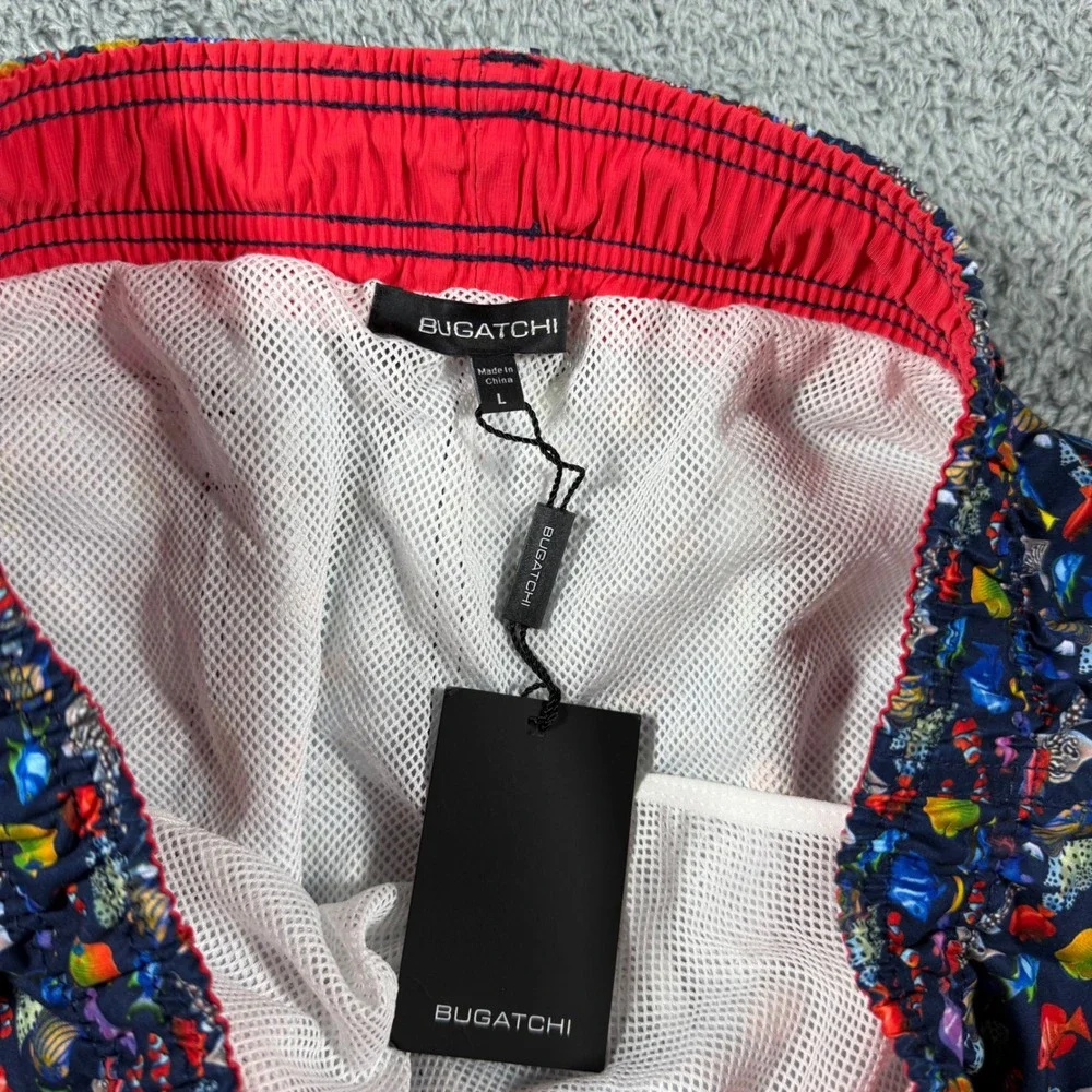 NWT Bugatchi Swim Trunks Men Large Navy Tropical Fish Print Mech Lined